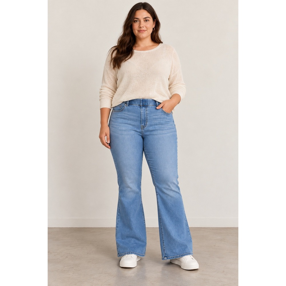Quince Nina Pull-On Stretch Flare Jeans Light Wash Blue High Rise XL KCLC004